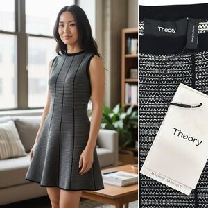 Theory Striped Black & White Fit & Flare Panel Knit Dress NEW NWT